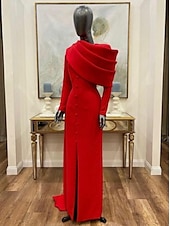 abordables ROUGE-Robe Svelte Rouge Noir Rouge Vert de Noël Robe de Soirée Élégante Robe Cape Formelle Automne Traîne Balayée  Brosse Manches Longues Col Boulé Tissu Extensible avec Boutons Fente robe à impressionner