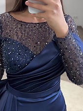 levne modrá-Krajkový šaty starožitného večeře elegantní šaty formální svatební host vlečka dlouhé rukávy šperkový výstřih charmeuse s nařenými perlami maškarní šaty 2025