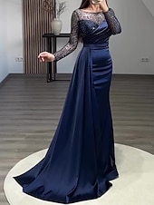 levne modrá-Krajkový šaty starožitného večeře elegantní šaty formální svatební host vlečka dlouhé rukávy šperkový výstřih charmeuse s nařenými perlami maškarní šaty 2025