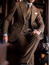 voordelige Formele pakken-Heren Tweed Trouwpakken Lichtblauw Bordeaux Effen Tailored Fit 3-delig Enkele Knopen