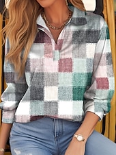 preiswerte Streifen- und geometrisches T-Shirt-Damen T-Shirt Langarm Kariert Basic Langarm Hemd Kragen Reguläre Tops Alltag Wochenende Print Hellgrün Rot Grün Khaki Grau Frühling  Herbst Pre-Fall