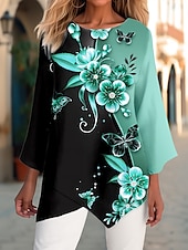 cheap Floral Tops-Women&#039;s Blouse Chiffon Floral Print Long Sleeve Long Tops Round Neck Casual Holiday Yellow Blue Green Spring &amp;  Fall
