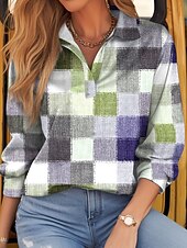 preiswerte Streifen- und geometrisches T-Shirt-Damen T-Shirt Langarm Kariert Basic Langarm Hemd Kragen Reguläre Tops Alltag Wochenende Print Hellgrün Rot Grün Khaki Grau Frühling  Herbst Pre-Fall