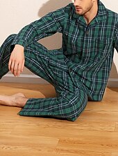 economico Pigiami-Per uomo loungewear Pigiami Set pigiama Top e pantalone del pigiama 2 pezzi A quadri Moda Informale Comoda Interni Giornaliero Cotone Comfort Bavero Manica lunga Camicia Pantalone A cordoncino Vita