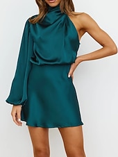 preiswerte abendkleider-Damen Abend Minikleid One-Shoulder Langarm Grün Blouson Cocktail Party Etuikleid