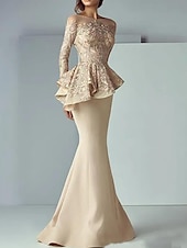 voordelige Vloerlengte-Zeemeermin moeder van de bruid jurk formele bruiloft gast elegante scoop hals vloer lengte kant stretch stof lange mouw met ruffles applicaties 2025 gratis maat op maat