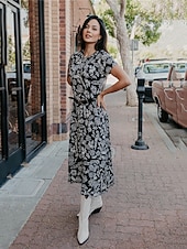 cheap Print Casual Dress-Floral Crew Neck Maxi Dress