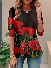 abordables T-shirts-Femme T shirt Tee Floral Noir Rose Claire Rouge Imprimer manche longue Vacances Fin de semaine Mode Col Rond Standard Printemps &amp; Automne