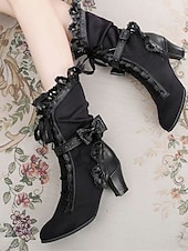  Botas femininas estilo vitoriano gótico com cadarço e acabamento em laço e babados – botas elegantes inspiradas em Gatsby para cosplay, festas à fantasia e moda vintage