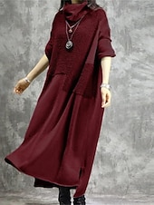 abordables Robe Simple-Robe casual Robe d&#039;hiver Robe en coton et lin Femme robe longue Patchwork Fendu Extérieur du quotidien Sortie Actif Mode Col Roulé manche longue 2023 Ample Noir Gris M L XL XXL