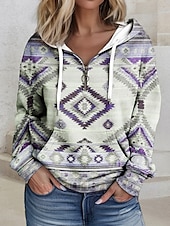 baratos Tops Boho-moletom com capuz feminino com zíper, moletom com capuz, pulôver, tribal, casual, esportivo, com cordão, bolso frontal, zíper de um quarto, moletom étnico ativo, manga comprida, top confortável,