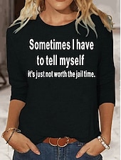 tanie Humor &amp; Cytaty koszulka-Damskie Podkoszulek Litera Zachowanie Moda Długi rękaw Okrągły dekolt Zwykłe topy Codzienny Weekend Nadruk Czarny Niebieski Khaki Wiosna i jesień Wiosna, jesień, zima, lato
