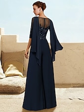 cheap Mom&#039;s Jumpsuits-Jumpsuit / Pantsuit Mother of the Bride  Formal Wedding Guest Elegant Cowl Neck Floor Length Lace Stretch Chiffon Half Sleeve with Sequin Appliques 2025 free custom size