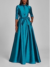 preiswerte GELB-A-Linien-Abendkleid Champagner Gold Minimalistisches Kleid Formal Hochzeitsgast Bodenlang Halber Ärmel Hemdkragen Satin mit Schleife(n) Falten