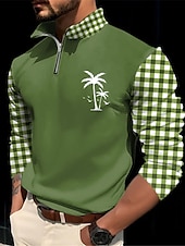 levne Dovolená-Kentucky Derby Pánské Pléd Kokosový strom Polo na zip Golfové polokošile Dlouhý rukáv Polo tričko Zip Na běžné nošení Venkovní Běžné / Denní Streetwear 3D Tisk Podzim zima Bílá Vodní modrá Trávov