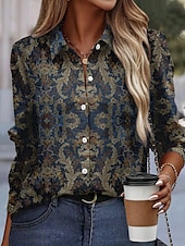 billige Kvinne Boho Topper-Dame Skjorte Mote Knapper Print Langermet Vanlige Topper Skjorte Krage Casual Blå Vår  Høst