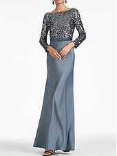 cheap Evening Dresses-Sheath / Column Evening Gown Elegant Dress Formal Fall Ankle Length Long Sleeve Scoop Neck Belt / Sash Satin with Glitter Strappy 2023