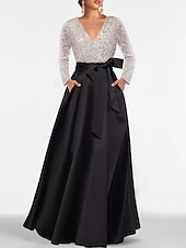abordables NOIR-Robe de soirée A-Line élégante robe formelle longueur de sol manches longues décolleté en V invité de mariage d&#039;automne satin avec poche en sequins 2025