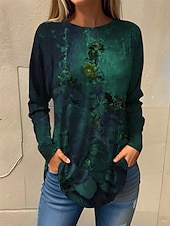 ieftine tricou floral-Pentru femei Tricou Floral Modă Manșon Lung Rotund Topuri obișnuite Concediu Sfârșit de săptămână Imprimeu Albastru piscină Mov Trifoi Primăvara &amp; toamnă