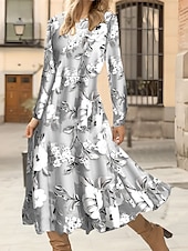 preiswerte Boho Kleid-Damen Midi Kleid A-Linie Kleid Lässiges Kleid Winterkleid Swing Kleid Mode Streetwear Reif Formell Outdoor Urlaub Reguläre Passform Floral Lange Ärmel Rundhalsausschnitt Schwarz Rot Grün Grau Herbst