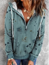 economico Tops Boho-felpa con cappuccio da donna con cerniera felpa con cappuccio pullover floreale strada casual cerniera a un quarto vintage basic felpa con cappuccio manica lunga micro-elastico autunno&amp;amp;tessuto
