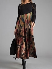 preiswerte Kunst &amp; Design Kleid-Damen Maxi Kleid Winterkleid Floral Tierdruck Raffung Patchwork Rundhalsausschnitt Langes Kleid Täglich Urlaub Langarm Herbst Winter