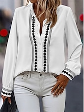 economico Top Semplici da Donna-Camicia da donna moda bottoni ricamati maniche lunghe top regolare colletto casual nero bianco rosa blu beige primavera e autunno