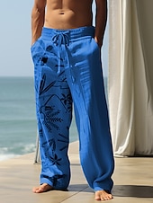 cheap Home-Men&#039;s Coconut Tree Graphic Prints Linen Pants Trousers Summer Pants Mid Waist Streetwear Hawaiian Designer Casual Daily Holiday Drawstring Elastic Waist 3D Print Spring &amp; Summer 3D Print Blue Khaki