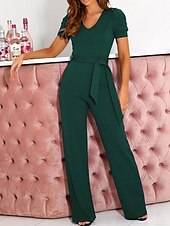 abordables combinaisons de fête-combinaison femme lacets perles couleur unie col v élégant bureau coupe régulière manches courtes noir armée vert rouge s m l automne