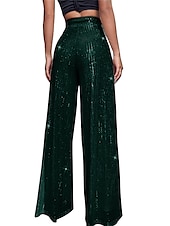 cheap Party women&#039;s Pants-Women&#039;s Wide Leg Pants Trousers Sparkly Pants Elegant Fashion Sparkle Full Length High Waist Plain Sequins Comfy Micro-elastic Party Street Party &amp; Evening claret M beige Pink gold Black Summer Spring