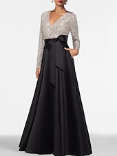 abordables NOIR-Robe de soirée A-Line élégante robe formelle longueur de sol manches longues décolleté en V invité de mariage d&#039;automne satin avec poche en sequins 2025