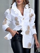 economico Top eleganti-camicetta da donna, camicetta, quotidiano, lettera, volant, stampa, manica lunga, regolare, top, scollo a V, lavoro, bianco, cachi, beige, primavera&amp;amp;  autunno