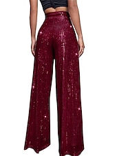 cheap Party women&#039;s Pants-Women&#039;s Wide Leg Pants Trousers Sparkly Pants Elegant Fashion Sparkle Full Length High Waist Plain Sequins Comfy Micro-elastic Party Street Party &amp; Evening claret M beige Pink gold Black Summer Spring