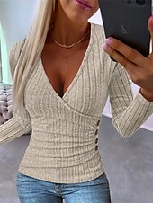 economico Top Semplici da Donna-camicetta da donna a coste bottoni alla moda manica lunga top regolari scollo a V casual bianco cachi grigio primavera&amp;amp;  autunno