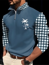 levne Dovolená-Kentucky Derby Pánské Pléd Kokosový strom Polo na zip Golfové polokošile Dlouhý rukáv Polo tričko Zip Na běžné nošení Venkovní Běžné / Denní Streetwear 3D Tisk Podzim zima Bílá Vodní modrá Trávov