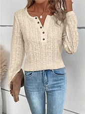 cheap Plain Tops-Women&#039;s Shirt Lace Shirt Blouse Eyelet top Color Block Plain Fashion Long Sleeve Round Neck Regular Tops Work Buttons Black White Purple Brown Beige Spring &amp;  Fall