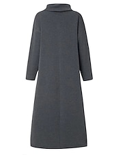 abordables Robe Simple-Robe casual Robe d&#039;hiver Robe en coton et lin Femme robe longue Patchwork Fendu Extérieur du quotidien Sortie Actif Mode Col Roulé manche longue 2023 Ample Noir Gris M L XL XXL