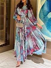 billiga Casual blommiga klänningar-kvinnors vinterklänning slida klänning tie dye ruched volang v-ringad lång klänning maxiklänning daglig semester långärmad höst vinter