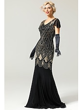 preiswerte 1920er Kleider-Goldene Zwanziger 1920er Bodenlang Kleid Abendkleid Weihnachtsfeier Kleid Kurze Ärmel Der große Gatsby Hochzeitsgast Pailletten V Ausschnitt Kostüm Damen Karneval Maskerade Abschlussball
