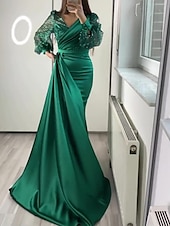 preiswerte Rosa-Meerjungfrau Pailletten Abendkleid Vintage Kleid formell Black Tie bodenlang lange Ärmel V-Ausschnitt Charmeuse mit Knöpfen Perlen Maskerade Kleid