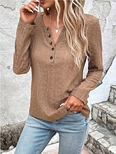 cheap Plain Tops-Women&#039;s Shirt Lace Shirt Blouse Eyelet top Color Block Plain Fashion Long Sleeve Round Neck Regular Tops Work Buttons Black White Purple Brown Beige Spring &amp;  Fall