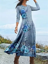 cheap Floral Dress-Women&#039;s Midi Dress A Line Dress Casual Dress Winter Dress Swing Dress Fashion Streetwear Mature Formal Outdoor Vacation Regular Fit Floral Long Sleeve Crew Neck Blue Green Fall Winter