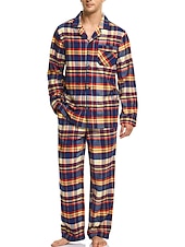 baratos Pijamas-Homens Loungewear Roupa de Dormir Conjunto de Pijama Top e calça de pijama 2 Peças Xadrez à moda Casual Conforto Casa Diário Algodão Conforto Lapela Manga Longa Camisa Social Calça Com Cordão Cintura