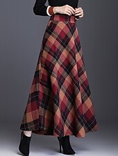 cheap Skirts-Women&#039;s Skirt A Line Swing Plaid Skirt Maxi High Waist Skirts Pocket Print Plaid Street Vacation Winter Elegant Fashion Red Blue Green Khaki
