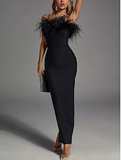 economico NERO-Abito nero a piume da sera elegante abito formale cravatta nera lunghezza alla caviglia senza maniche strappo senza spalline in spandex con spacco abito da masquerade