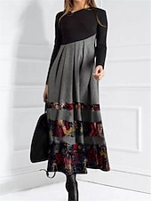 preiswerte Kunst &amp; Design Kleid-Damen Maxi Kleid Winterkleid Floral Tierdruck Raffung Patchwork Rundhalsausschnitt Langes Kleid Täglich Urlaub Langarm Herbst Winter