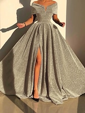 economico GIALLO-Abito da sera A-Line abito scintillante abito formale autunno strascico senza maniche off shoulder paillettes con spacco abito da mascherata 2025