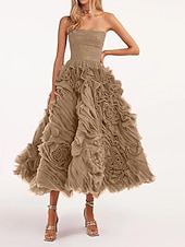 cheap Prom Dresses-Beach Wedding A-Line Prom Dresses Floral Dress Wedding Guest Quinceanera Ankle Length Sleeveless Strapless Tulle Backless with Ruched 2025
