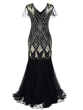 preiswerte 1920er Kleider-Goldene Zwanziger 1920er Bodenlang Kleid Abendkleid Weihnachtsfeier Kleid Kurze Ärmel Der große Gatsby Hochzeitsgast Pailletten V Ausschnitt Kostüm Damen Karneval Maskerade Abschlussball
