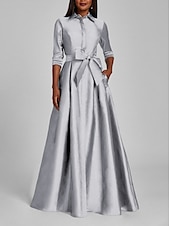 preiswerte GELB-A-Linien-Abendkleid Champagner Gold Minimalistisches Kleid Formal Hochzeitsgast Bodenlang Halber Ärmel Hemdkragen Satin mit Schleife(n) Falten